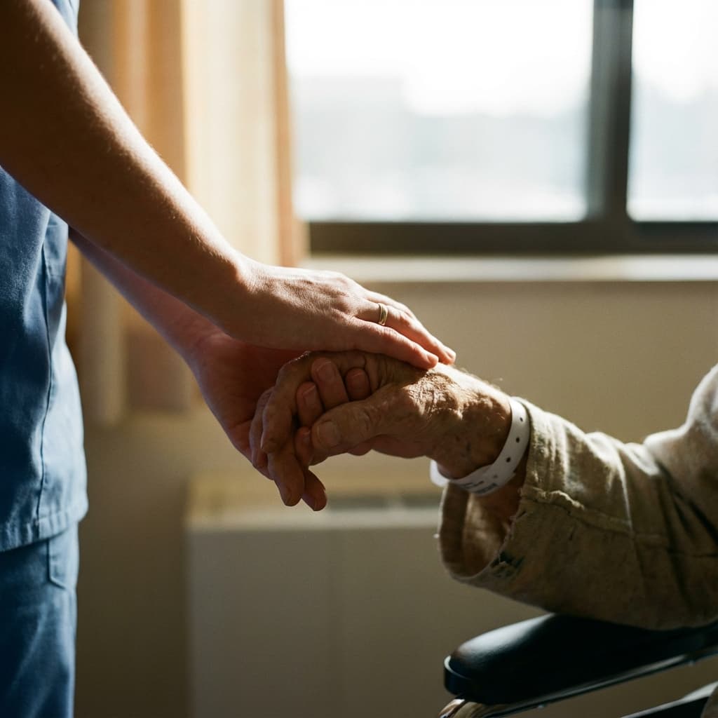 Caring nurse holding patient's hand